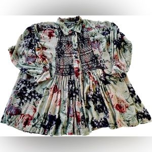 New Options oversized crinkle rayon smock tunic, floral grape print on ecru, O/S